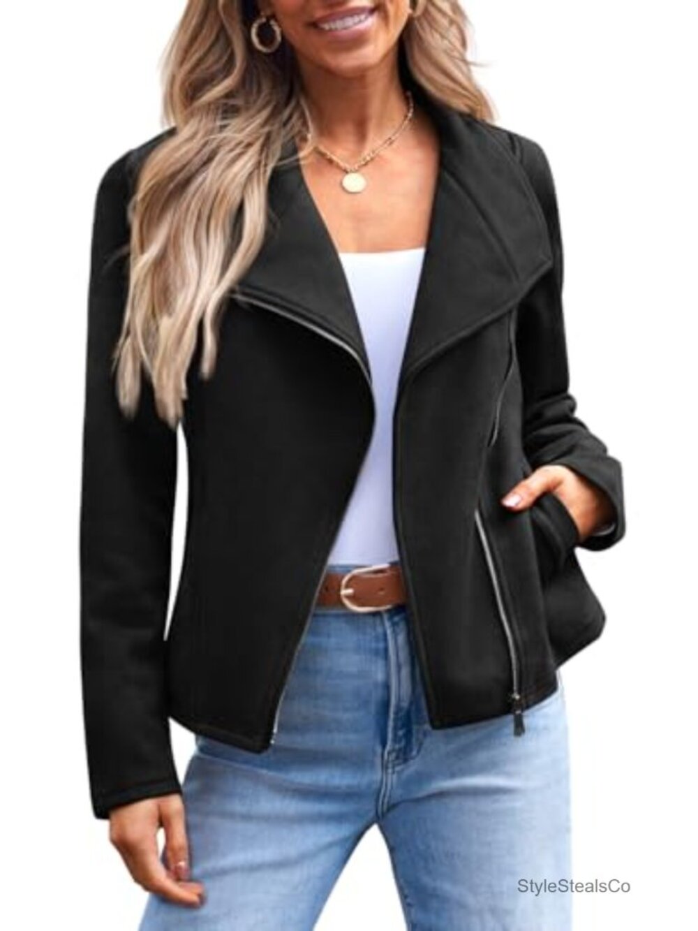 Faux Suede Lightweight Moto Fall Jacket Long Sleeve Fitted Casual